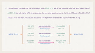 1,700 MRI
ASCE 7-05
ASCE 7-10
are equivalent to 100-year MRI
300 MRI
ASCE 7-05
ASCE 7-10
are equivalent to 25-year MRI
700 MRI
ASCE 7-05
ASCE 7-10
are equivalent to 50-year MRI
 This derivation indicates that the wind design using ASCE 7-10 will be the same as using the wind speed map of
ASCE 7-05 but with higher MRI: As an example, the new wind speed contour in the Keys of Florida in Fig. 26.5-1A of
ASCE 7-10 is 180 mph. This value is reduced to 140 mph when divided by the square root of 1.6. In Fig.
ASCE 7-05
ASCE 7-10
Risk Category I
Risk Category II
Risk Category III
 