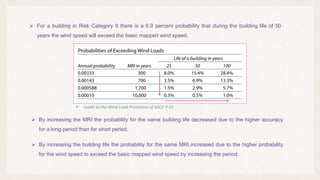  For a building in Risk Category II there is a 6.9 percent probability that during the building life of 50
years the wind speed will exceed the basic mapped wind speed.
 By increasing the MRI the probability for the same building life decreased due to the higher accuracy
for a long period than for short period.
 By increasing the building life the probability for the same MRI increased due to the higher probability
for the wind speed to exceed the basic mapped wind speed by increasing the period.
 Guide to the Wind Load Provisions of ASCE 7-10
 
