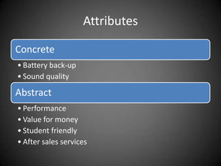 Attributes

Concrete
• Battery back-up
• Sound quality

Abstract
• Performance
• Value for money
• Student friendly
• After sales services
 