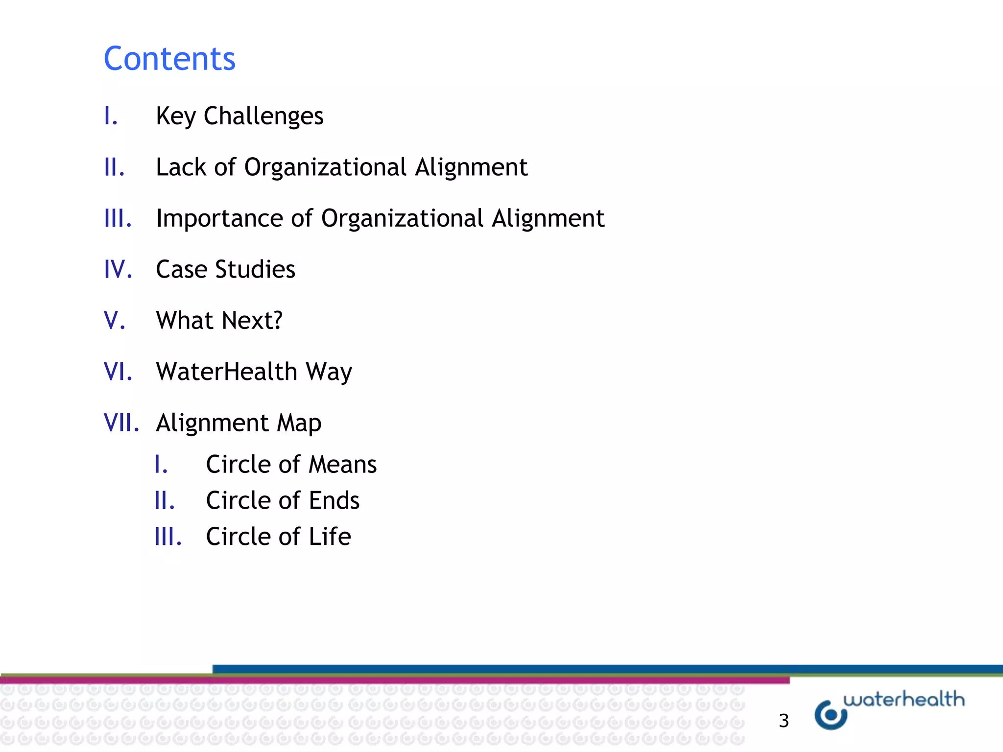 Contents
I.    Key Challenges

II.   Lack of Organizational Alignment

III. Importance of Organizational Alignment

IV. Case Studies

V.    What Next?

VI. WaterHealth Way

VII. Alignment Map
      I. Circle of Means
      II. Circle of Ends
      III. Circle of Life




                                              3
 