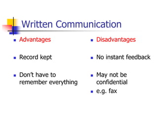 Written Communication
 Advantages
 Record kept
 Don’t have to
remember everything
 Disadvantages
 No instant feedback
 May not be
confidential
 e.g. fax
 