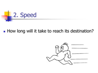 2. Speed
 How long will it take to reach its destination?
 