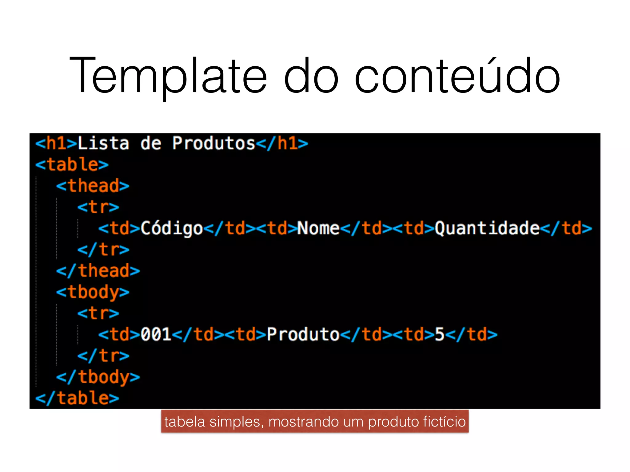 Template do conteúdo
tabela simples, mostrando um produto ﬁctício
 
