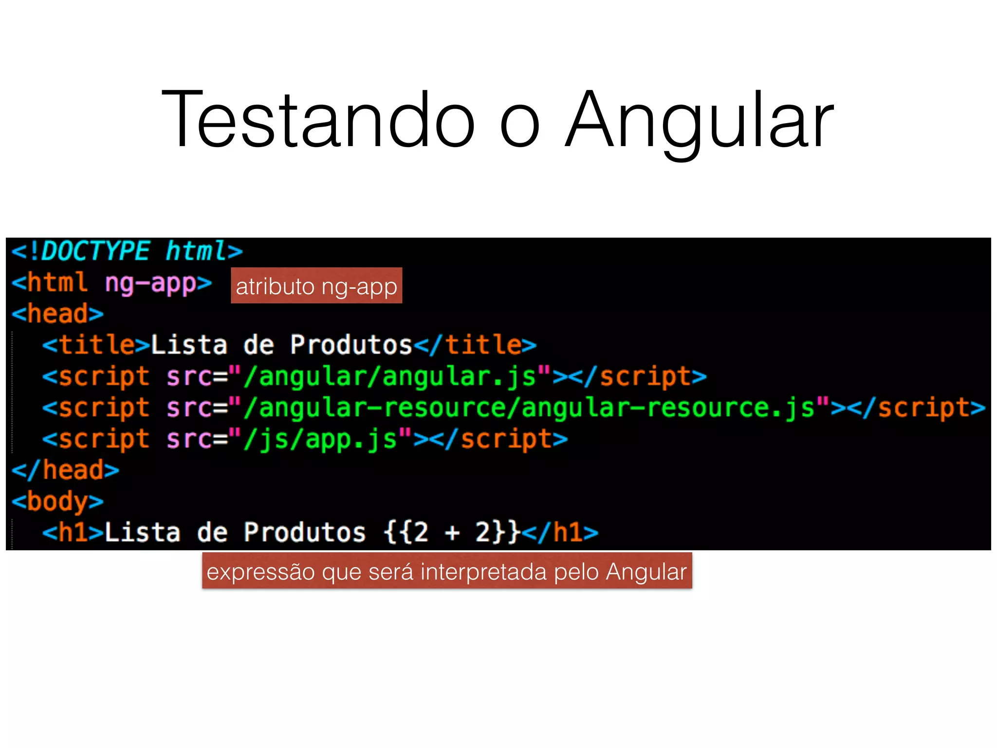 Testando o Angular
atributo ng-app
expressão que será interpretada pelo Angular
 