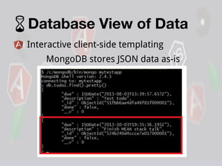 Database View of Data
Interactive client-side templating
MongoDB stores JSON data as-is

 
