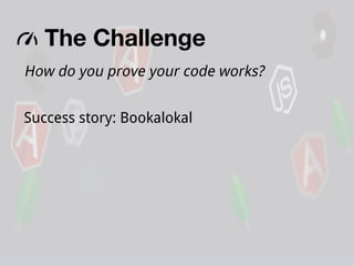 The Challenge
How do you prove your code works?
Success story: Bookalokal

 