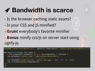 Bandwidth is scarce
- Is the browser caching static assets?
- Is your CSS and JS minified?
- Grunt everybody’s favorite minifier
- Bonus minify css/js on server start using
uglify-js.

 