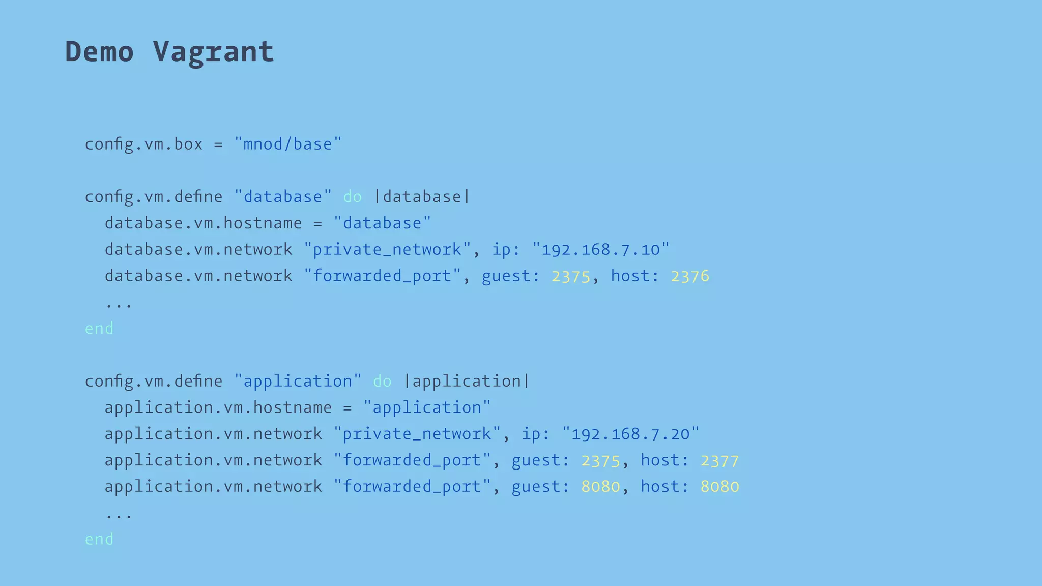 Demo Vagrant 
config.vm.box = "mnod/base" 
config.vm.define "database" do |database| 
database.vm.hostname = "database" 
database.vm.network "private_network", ip: "192.168.7.10" 
database.vm.network "forwarded_port", guest: 2375, host: 2376 
... 
end 
config.vm.define "application" do |application| 
application.vm.hostname = "application" 
application.vm.network "private_network", ip: "192.168.7.20" 
application.vm.network "forwarded_port", guest: 2375, host: 2377 
application.vm.network "forwarded_port", guest: 8080, host: 8080 
... 
end 
 
