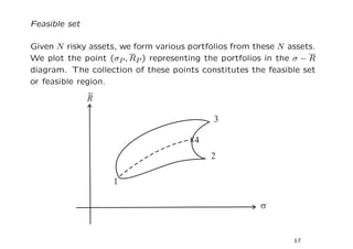 Feasible set

Given N risky assets, we form various portfolios from these N assets.
We plot the point (σP , RP ) representing the portfolios in the σ − R
diagram. The collection of these points constitutes the feasible set
or feasible region.




                                                               17
 