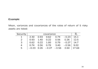 Example

Mean, variances and covariances of the rates of return of 5 risky
assets are listed:

      Security              covariance                 Ri
         1     2.30     0.93 0.62     0.74   −0.23    15.1
         2     0.93     1.40 0.22     0.56   0.26     12.5
         3     0.62     0.22 1.80     0.78   −0.27    14.7
         4     0.74     0.56 0.78     3.40   −0.56    9.02
         5     −0.23    0.26 −0.27 −0.56     2.60    17.68




                                                             26
 
