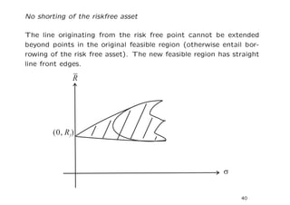 No shorting of the riskfree asset

The line originating from the risk free point cannot be extended
beyond points in the original feasible region (otherwise entail bor-
rowing of the risk free asset). The new feasible region has straight
line front edges.




                                                              40
 