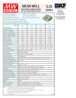 MEAN WELL                                                       S-25
                                                  SWITCHING POWER SUPPLY
                                                   ISO-9001 CERTIFIED MANUFACTURER
                                                                                                                        SERIES                      Distribuito da:
                                                                                                                                                     KF S.p.A.
                                                                                                                                                   Via S. Anna 88/D
                                                                                                                                                 41100 - Modena - Italy
.LOW COST, HIGH RELIABILITY                             .COMPACT SIZE, LIGHT WEIGHT                                                               www.keyfuture.com
.105ºC OUTPUT CAPACITOR                                 .100% FULL LOAD BURN-IN TEST
                                                                                                                                                Servizio Assistenza
.INTERNATIONAL AC INPUT RANGE                           .BUILT IN EMI FILTER, LOW RIPPLE NOISE                                                    Fax +39 055 3433735
                                                                                                                                                 service@keyfuture.com
.HIGH EFFICIENCY, LOW WORKING TEMPERATURE
.SOFT-START CIRCUIT, LIMITING AC SURGE CURRENT
.SHORT CIRCUIT, OVERLOAD, OVER VOLTAGE PROTECTED

                             MODEL
                                                   S-25-5                  S-25-12                    S-25-15              S-25-24
SPECIFICATION

DC OUTPUT VOLTAGE                                      5V                     12V                       15V                  24V

OUTPUT V. TOLERANCE                                    ±2%                   ±1%                        ±1%                  ±1%

OUTPUT RATED CURRENT                                   5A                    2.1A                       1.7A                 1.1A

OUTPUT CURRENT RANGE                                   0-5A                 0-2.1A                     0-1.7A               0-1.1A

RIPPLE & NOISE                                   50mVp-p                  100mVp-p                   100mVp-p             100mVp-p

LINE REGULATION                                    ±0.5%                    ±0.5%                      ±0.5%                ±0.5%

LOAD REGULATION                                        ±1%                  ±0.5%                      ±0.5%                ±0.5%

DC OUTPUT POWER                                        25W                  25.2W                      25.5W                26.4W

EFFICIENCY                                   72% / 115VAC               76% / 115VAC              77% / 115VAC           80% / 115VAC

DC VOLTAGE ADJ.                                   +10,-5%                    ±10%                      ±10%                 ±10%

INPUT VOLTAGE RANGE                       85~264VAC 47~63Hz; 120~370VDC

AC CURRENT                                0.6A/115V 0.35A/230V

INRUSH CURRENT                            COLD START 15A/115V 30A/230V

LEAKAGE CURRENT                           <0.75mA/240VAC

OVERLOAD PROTECTION                       105%~150% TYPE:PULSING HICCUP SHUTDOWN RESET:AUTO RECOVERY

OVER VOLTAGE PROTECTION                   115%~135%

OVER TEMP. PROTECTION                     ----------

TEMP. COEFFICIENT                         ±0.03% / ºC (0~50ºC)

SETUP, RISE, HOLD UP TIME                 800ms, 50ms, 10ms / 115VAC 300ms, 50ms, 80ms / 230VAC

VIBRATION                                 10~500Hz, 2G 10min./1cycle, PERIOD FOR 60min. EACH AXES

WITHSTAND VOLTAGE                         I/P-O/P:3KVAC I/P-FG:1.5KVAC O/P-FG:0.5KVAC

ISOLATION RESISTANCE                      I/P-O/P, I/P-FG, O/P-FG:500VDC / 100M Ohms

WORKING TEMP., HUMIDITY                   -10ºC~+60ºC(REFER TO OUTPUT DERATING CURVE), 20%~90% RH

STORAGE TEMP., HUMIDITY                   -20ºC~+85ºC, 10%~95% RH

DIMENSION                                 99*97*35mm CASE:905

WEIGHT                                    0.37Kgs

SAFETY STANDARDS                          UL1012, TUV EN60950 (IEC950, UL1950) APPROVED

EMC STANDARDS                             CISPR22 (EN55022), IEC801-2,3,4, IEC555-2 VERIFICATION

NOTE :   1.ALL PARAMETERS ARE SPECIFIED AT 230VAC INPUT, RATED LOAD, 25ºC 70% RH. AMBIENT.
         2.TOLERANCE GINCLUDE SET UP TOLERANCE, LINE REGULATION, LOAD REGULATION.
         3.RIPPLE & NOISE ARE MEASURED AT 20MHz BY USING A 12" TWISTED PAIR TERMINATED WITH A 0.1uF & 47uF CAPACITOR.
         4.LINE REGULATION IS MEASURED FROM LOW LINE TO HIGH LINE AT RATED LOAD.
         5.LOAD REGULATION IS MEASURED FROM 0% TO 100% RATED LOAD.
         6.C6 MUST BE REMOVED.                                                                                                      JUN.09.98
 