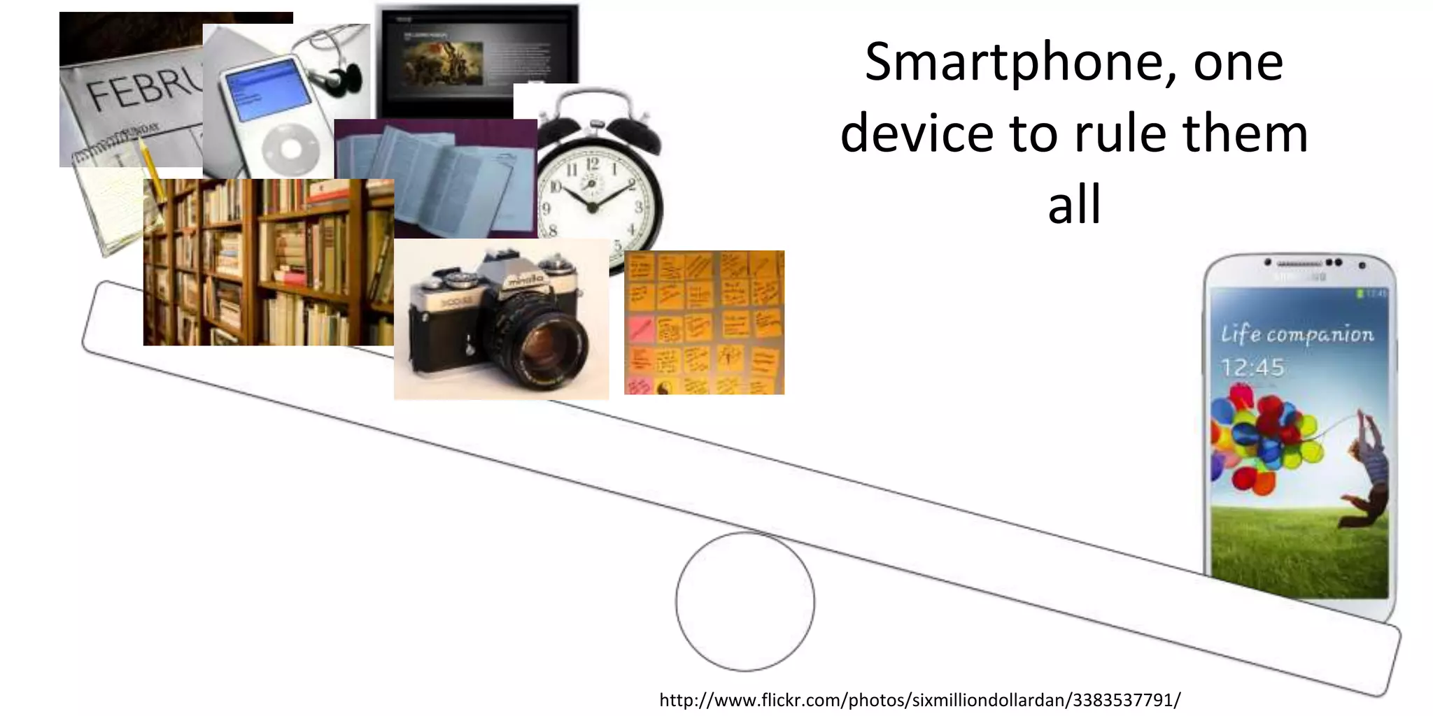 Smartphone, one
device to rule them
all
http://www.flickr.com/photos/sixmilliondollardan/3383537791/
 