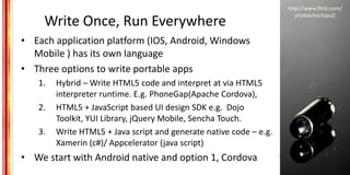 Write Once, Run Everywhere
• Each application platform (IOS, Android, Windows
Mobile ) has its own language
• Three option...