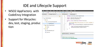 IDE and Lifecycle Support
• WSO2 AppFactory with
CodeEnvy Integration
• Support for lifecycles:
dev, test, staging, produc...
