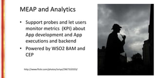 MEAP and Analytics
• Support probes and let users
monitor metrics (KPI) about
App development and App
executions and backe...