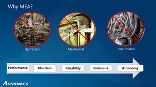 Why MEA?
Performance Maintain Reliability Emissions Autonomy
Hydraulics Mechanical Pneumatics
 