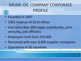 MEARL OIL COMPANY CORPORATE
             PROFILE
• Founded in 1947
• 2003 revenue of $210 billion
• Had more than 200 major subsidiaries, joint
  ventures, and affiliates
• Employed more than 250.000
• Partnered with over 8.000 supplier companies
• Operations in 30 countries
 