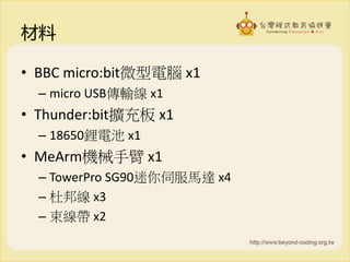 材料
• BBC micro:bit微型電腦 x1
– micro USB傳輸線 x1
• Thunder:bit擴充板 x1
– 18650鋰電池 x1
• MeArm機械手臂 x1
– TowerPro SG90迷你伺服馬達 x4
– 杜邦線 x3
– 束線帶 x2
 
