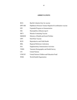xii
ABBREVIATIONS
BCG Bacille Calmette-Gue´rin vaccine
DPT-HB Diphtheria Pertussis Tetanus Hepatitis B combination vaccine
EPI Expanded Program on Immunization
Hib Haemophilus influenza type b
MCV Measles Containing Vaccine
MOHSW Ministry of Health and Social Welfare
OPV Oral Polio Vaccine
RCH Reproductive and Child Health
RRL Regional Reference Laboratory
SIA Supplementary Immunization Activities
TDHS Tanzania Demographic and Health Survey
UN United Nations
UNICEF United Nations Children and Education Fund
WHO World Health Organization
 