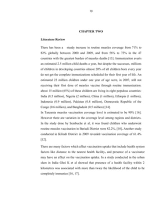 10
CHAPTER TWO
Literature Review
There has been a steady increase in routine measles coverage from 71% to
82% globally between 2000 and 2009, and from 56% to 73% in the 47
countries with the greatest burden of measles deaths [13]. Immunization averts
an estimated 2.5 million child deaths a year, but despite the successes, millions
of children in developing countries almost 20% of all children born every year
do not get the complete immunizations scheduled for their first year of life. An
estimated 23 million children under one year of age were, in 2007, still not
receiving their first dose of measles vaccine through routine immunization:
about 15 million (65%) of these children are living in eight populous countries:
India (8.5 million), Nigeria (2 million), China (1 million), Ethiopia (1 million),
Indonesia (0.9 million), Pakistan (0.8 million), Democratic Republic of the
Congo (0.6 million), and Bangladesh (0.5 million) [14].
In Tanzania measles vaccination coverage level is estimated to be 90% [16].
However there are variation in the coverage level among regions and districts.
In the study done by Sembuche et al, it was found children who underwent
routine measles vaccination in Bariadi District were 82.2%, [10]. Another study
conducted in Kilindi District in 2009 revealed vaccination coverage of 61.4%
[12].
There are many factors which affect vaccination uptake that include health system
factors like distance to the nearest health facility, and presence of a vaccinator
may have an effect on the vaccination uptake. In a study conducted in the urban
slum in India Ghei K et al showed that presence of a health facility within 2
kilometres was associated with more than twice the likelihood of the child to be
completely immunize [16, 17].
 