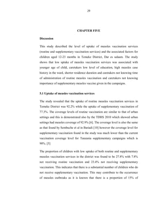 29
CHAPTER FIVE
Discussion
This study described the level of uptake of measles vaccination services
(routine and supplementary vaccination services) and the associated factors for
children aged 12-23 months in Temeke District, Dar es salaam. The study
shows that low uptake of measles vaccination services was associated with
younger age of child, caretakers low level of education, high measles case
history in the ward, shorter residence duration and caretakers not knowing time
of administration of routine measles vaccination and caretakers not knowing
importance of supplementary measles vaccine given in the campaigns.
5.1 Uptake of measles vaccination services
The study revealed that the uptake of routine measles vaccination services in
Temeke District was 92.2% while the uptake of supplementary vaccination of
77.3%. The coverage levels of routine vaccination are similar to that of urban
settings and this is demonstrated also by the TDHS 2010 which showed urban
settings had measles coverage of 92.9% [6]. The coverage level is also the same
as that found by Sembuche et al in Bariadi [10] however the coverage level for
supplementary vaccination found in the study was much lower than the current
vaccination coverage level for Tanzania supplementary campaigns which is
90%. [5]
The proportion of children with low uptake of both routine and supplementary
measles vaccination services in the district was found to be 27.8% with 7.8%
not receiving routine vaccination and 23.4% not receiving supplementary
vaccination. This indicates that there is a substantial number of children who do
not receive supplementary vaccination. This may contribute to the occurrence
of measles outbreaks as it is known that there is a proportion of 15% of
 