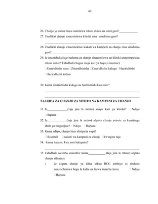 60
26. Chanjo ya surua huwa inatolewa mtoto akiwa na umri gani?____________
27. Unafikiri chanjo zinazotolewa kliniki zina umuhimu gani?
___________________________________________________________
28. Unafikiri chanjo zinazotolewa wakati wa kampeni za chanjo zina umuhimu
gani?______________________________________________________
29. Je unazichukuliaje huduma za chanjo zinazotolewa an kliniki unayompeleka
mtoto wako? Tafadhali chagua moja kati ya haya; (msomee)
Zinaridhisha sana Zinaridhizisha Zinaridhisha kidogo Haziridhishi
Haziridhishi kabisa
30. Kama zinaridhisha kidogo au haziridhishi kwa nini?
_____________________________________________________________
_____________________________________________________________
TAARIFA ZA CHANJO ZA MTOTO NA KAMPENI ZA CHANJO
31. Je_____________(taja jina la mtoto) anayo kadi ya kliniki? Ndiyo
Hapana
32. Je____________.(taja jina la mtoto) alipata chanjo yoyote za kumkinga
dhidi ya magonjwa? Ndiyo Hapana
33. Kama ndiyo, chanjo hizo alizipatia wapi?
Hospitali wakati wa kampeni za chanjo kwingine taja
34. Kama hapana, kwa nini hakupata?
_____________________________________________________________
35. Tafadhali naomba uniambie kama___________.(taja jina la mtoto) alipata
chanjo zifuatazo
i. Je alipata chanjo ya kifua kikuu BCG ambayo ni sindano
anayochomwa bega la kulia na huwa inaacha kovu Ndiyo
Hapana
 