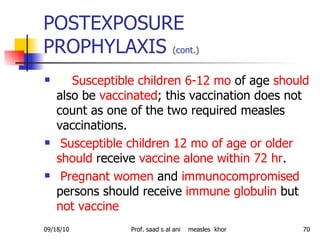 POSTEXPOSURE PROPHYLAXIS  (cont.)   <ul><li>Susceptible children 6-12 mo  of age  should  also be  vaccinated ; this vacci...