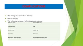 COMPLICATIONS
 Miscarriage and premature delivery.
 Febrile seizure.
 The following secondary infections could develop
Infection Name Areas of Infection
Conjunctivitis Eye
Otitis media Middle ear
Laryngitis Voice box
Pharyngitis, Bronchitis, etc. Airways and respiratory tracts
 