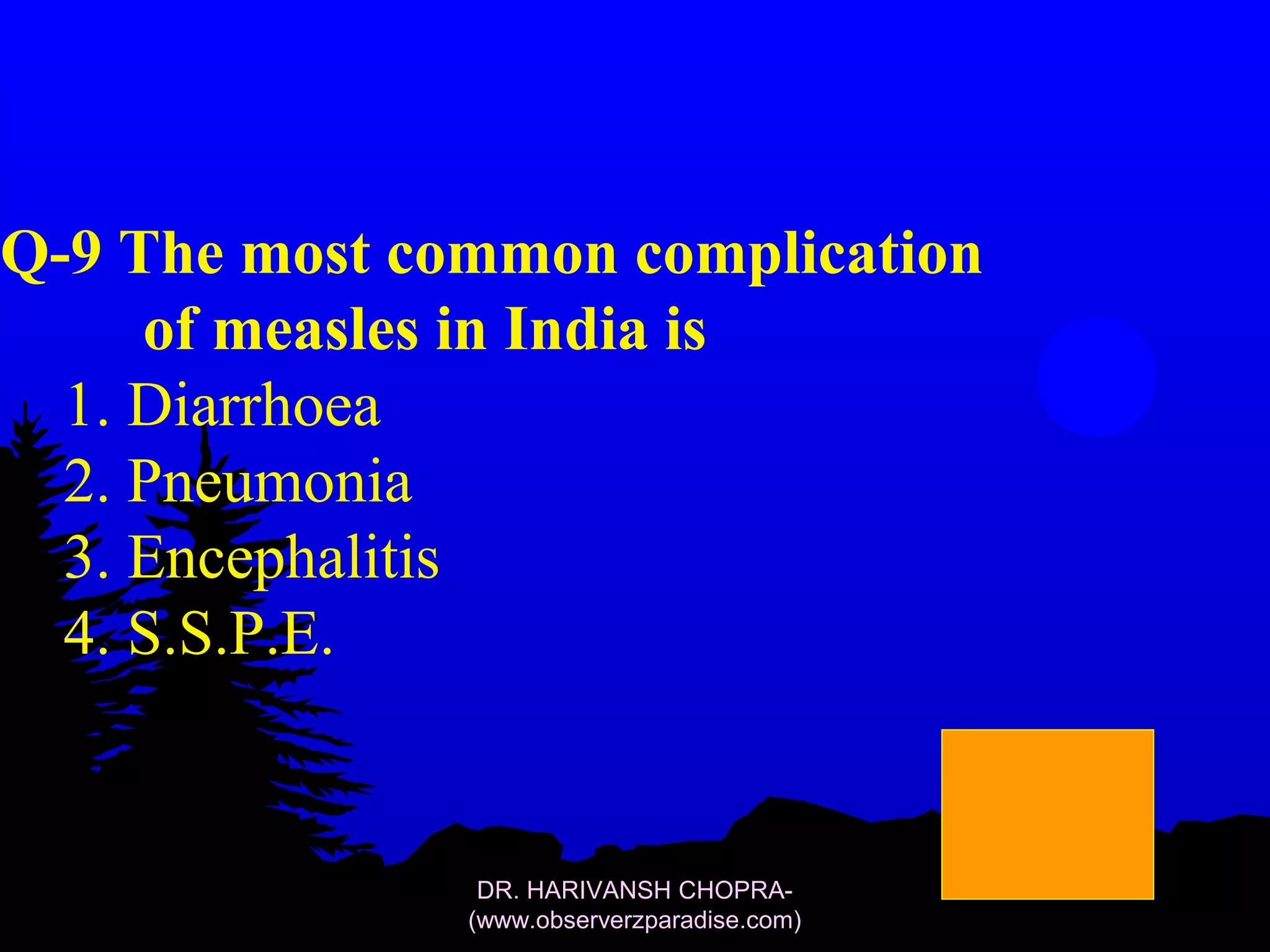 Q-9 The most common complication 
of measles in India is 
1. Diarrhoea 
2. Pneumonia 
3. Encephalitis 
4. S.S.P.E. 
DR. HARIVANSH CHOPRA- 
(www.observerzparadise.com) 
ANS 1 
 