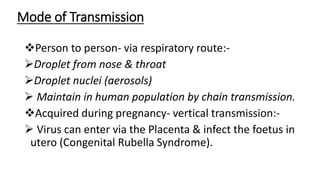 Mode of Transmission
Person to person- via respiratory route:-
Droplet from nose & throat
Droplet nuclei (aerosols)
 Maintain in human population by chain transmission.
Acquired during pregnancy- vertical transmission:-
 Virus can enter via the Placenta & infect the foetus in
utero (Congenital Rubella Syndrome).
 
