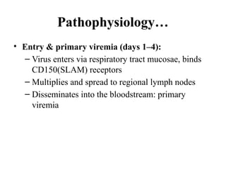Pathophysiology…
• Entry & primary viremia (days 1–4):
– Virus enters via respiratory tract mucosae, binds
CD150(SLAM) receptors
– Multiplies and spread to regional lymph nodes
– Disseminates into the bloodstream: primary
viremia
 