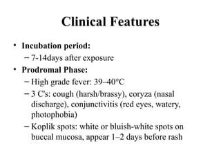 Clinical Features
• Incubation period:
– 7-14days after exposure
• Prodromal Phase:
– High grade fever: 39–40°C
– 3 C's: cough (harsh/brassy), coryza (nasal
discharge), conjunctivitis (red eyes, watery,
photophobia)
– Koplik spots: white or bluish-white spots on
buccal mucosa, appear 1–2 days before rash
 