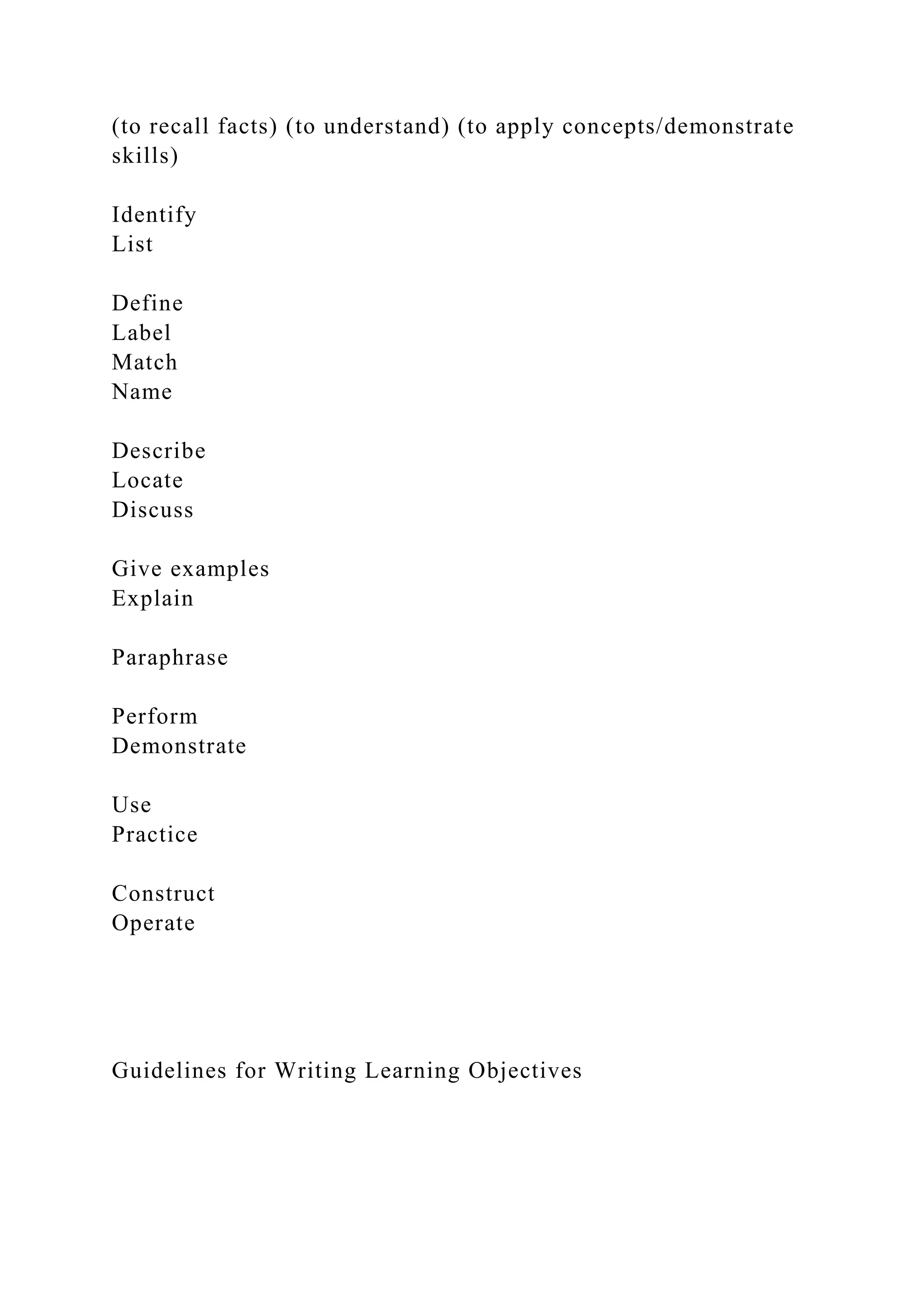 (to recall facts) (to understand) (to apply concepts/demonstrate
skills)
Identify
List
Define
Label
Match
Name
Describe
Locate
Discuss
Give examples
Explain
Paraphrase
Perform
Demonstrate
Use
Practice
Construct
Operate
Guidelines for Writing Learning Objectives
 
