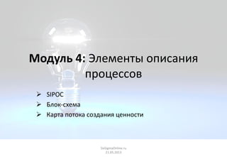 SixSigmaOnline.ru
21.05.2013
Модуль 4: Элементы описания
процессов
 SIPOC
 Блок-схема
 Карта потока создания ценности
 