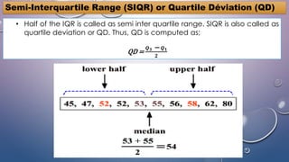 Semi-Interquartile Range (SIQR) or Quartile Déviation (QD)
• Half of the IQR is called as semi inter quartile range. SIQR is also called as
quartile deviation or QD. Thus, QD is computed as;
QD =
𝑸𝟑 − 𝑸𝟏
𝟐
 
