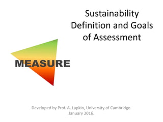 Developed by Prof. A. Lapkin, University of Cambridge.
January 2016.
Sustainability
Definition and Goals
of Assessment
 