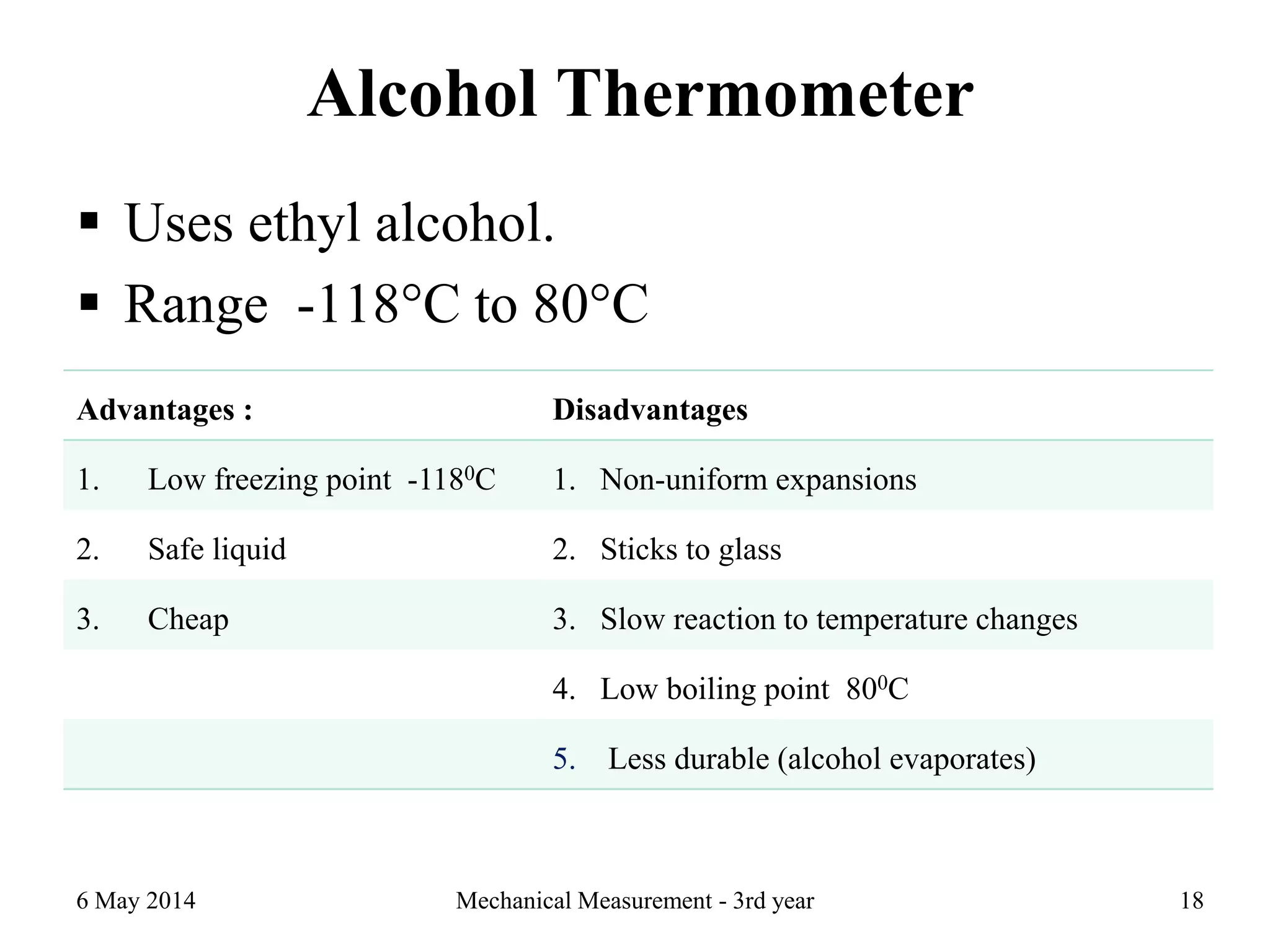 Alcohol Thermometer
 Uses ethyl alcohol.
 Range -118°C to 80°C
6 May 2014 Mechanical Measurement - 3rd year 18
Advantages : Disadvantages
1. Low freezing point -1180C 1. Non-uniform expansions
2. Safe liquid 2. Sticks to glass
3. Cheap 3. Slow reaction to temperature changes
4. Low boiling point 800C
5. Less durable (alcohol evaporates)
 