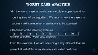 WORST CASE ANALYSIS
In the worst case analysis, we calculate upper bound on
running time of an algorithm. We must know the case that
causes maximum number of operations to be executed.
Consider for the following example
A linear searching worst case analysis
From this example if we are searching a key element that are
present at last of the index elements are called best case
2
8 6 12 5 7 9 4 3 16
 