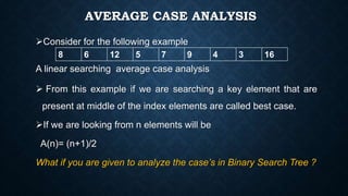 AVERAGE CASE ANALYSIS
Consider for the following example
A linear searching average case analysis
 From this example if we are searching a key element that are
present at middle of the index elements are called best case.
If we are looking from n elements will be
A(n)= (n+1)/2
What if you are given to analyze the case’s in Binary Search Tree ?
8 6 12 5 7 9 4 3 16
 
