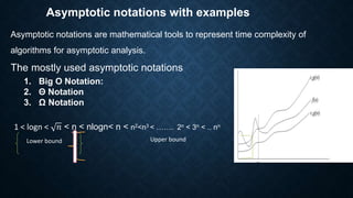 Asymptotic notations with examples
1 < logn < 𝑛 < n < nlogn< n < n2<n3 < ……. 2n < 3n < .. nn
Lower bound Upper bound
Asymptotic notations are mathematical tools to represent time complexity of
algorithms for asymptotic analysis.
The mostly used asymptotic notations
1. Big O Notation:
2. Θ Notation
3. Ω Notation
 