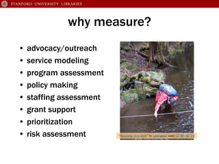 why measure?
• advocacy/outreach
• service modeling
• program assessment
• policy making
• staffing assessment
• grant sup...