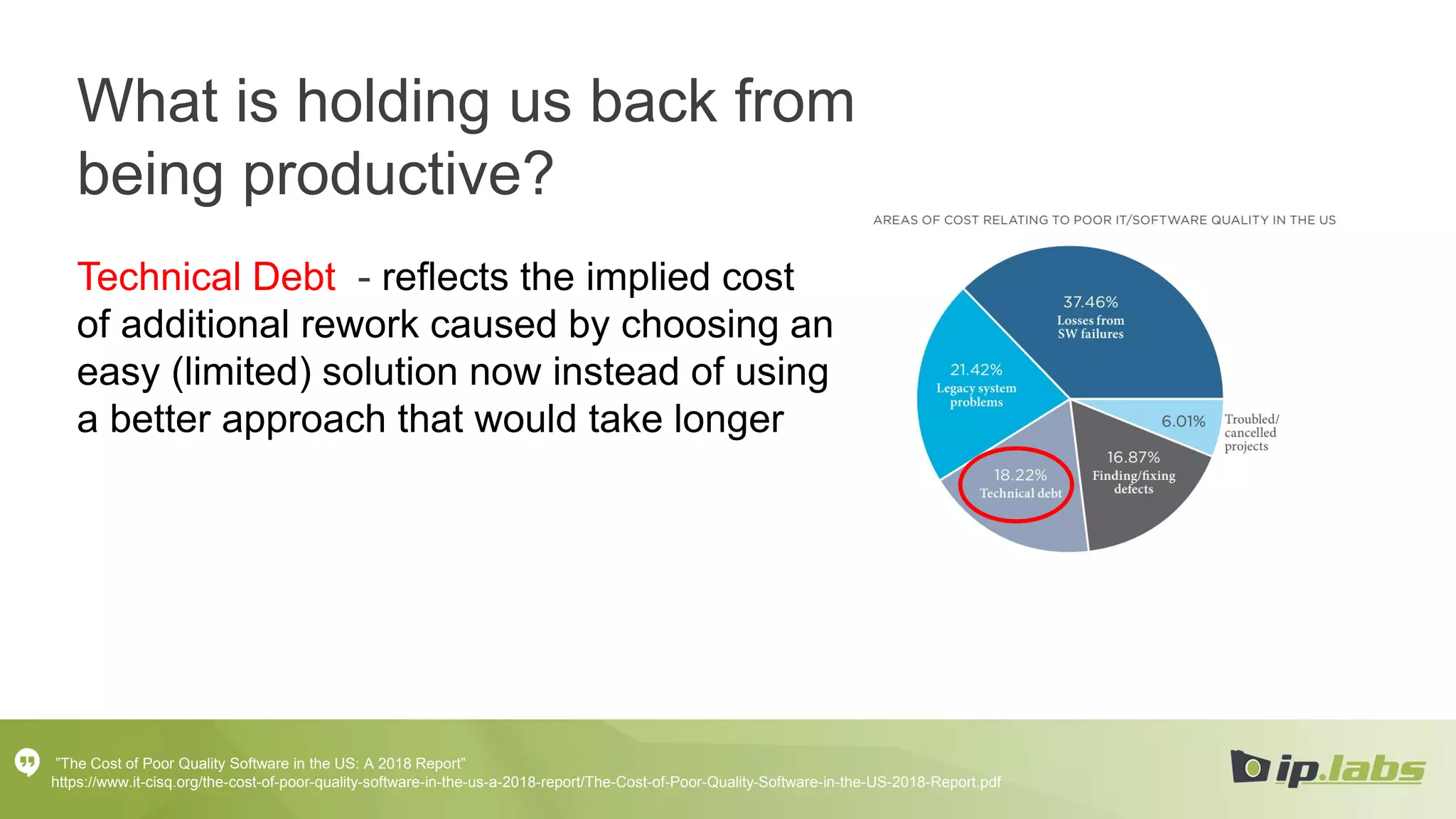 What is holding us back from
being productive?
Technical Debt - reflects the implied cost
of additional rework caused by choosing an
easy (limited) solution now instead of using
a better approach that would take longer
”The Cost of Poor Quality Software in the US: A 2018 Report”
https://www.it-cisq.org/the-cost-of-poor-quality-software-in-the-us-a-2018-report/The-Cost-of-Poor-Quality-Software-in-the-US-2018-Report.pdf
 