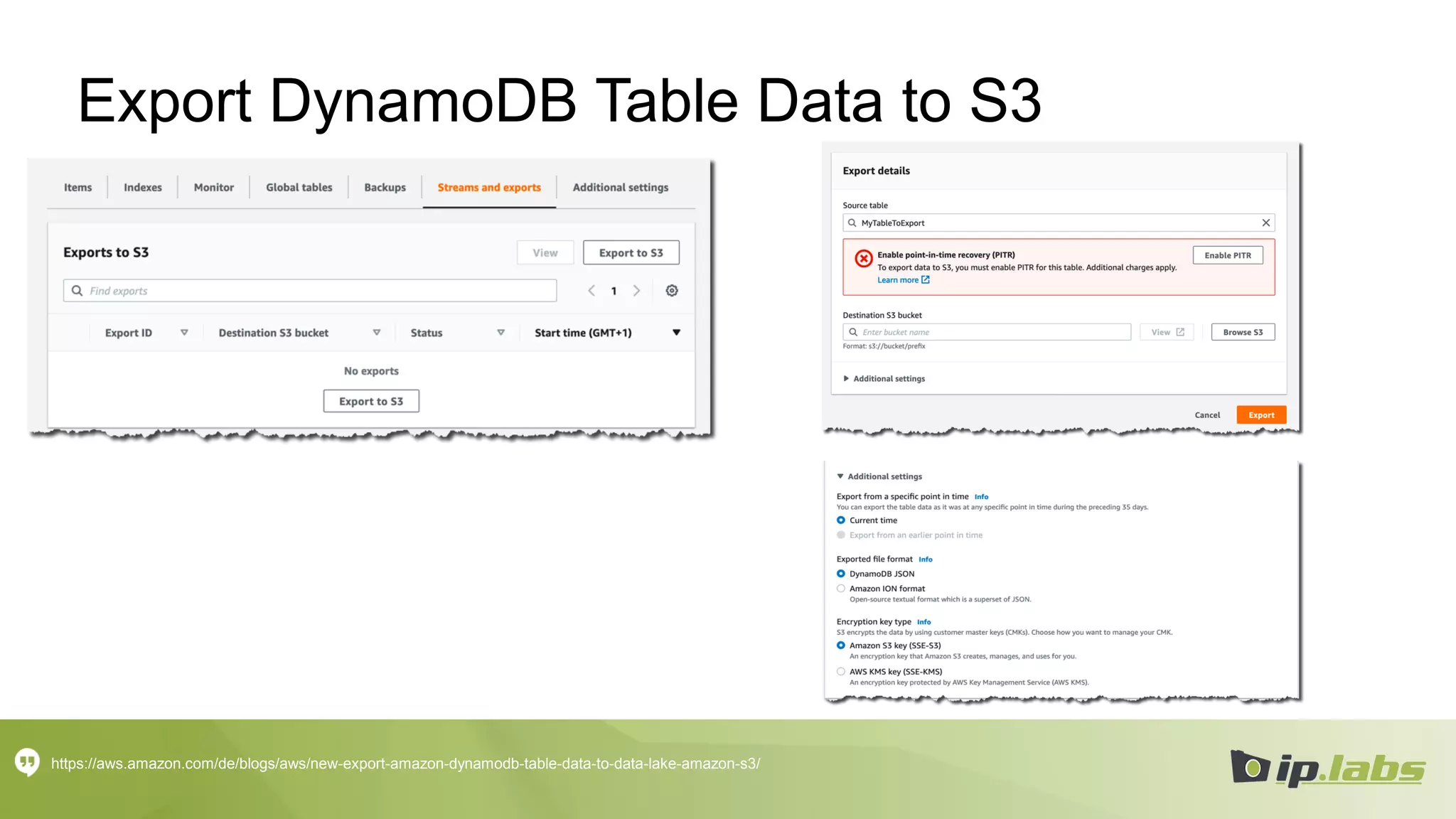 Export DynamoDB Table Data to S3
https://aws.amazon.com/de/blogs/aws/new-export-amazon-dynamodb-table-data-to-data-lake-amazon-s3/
 