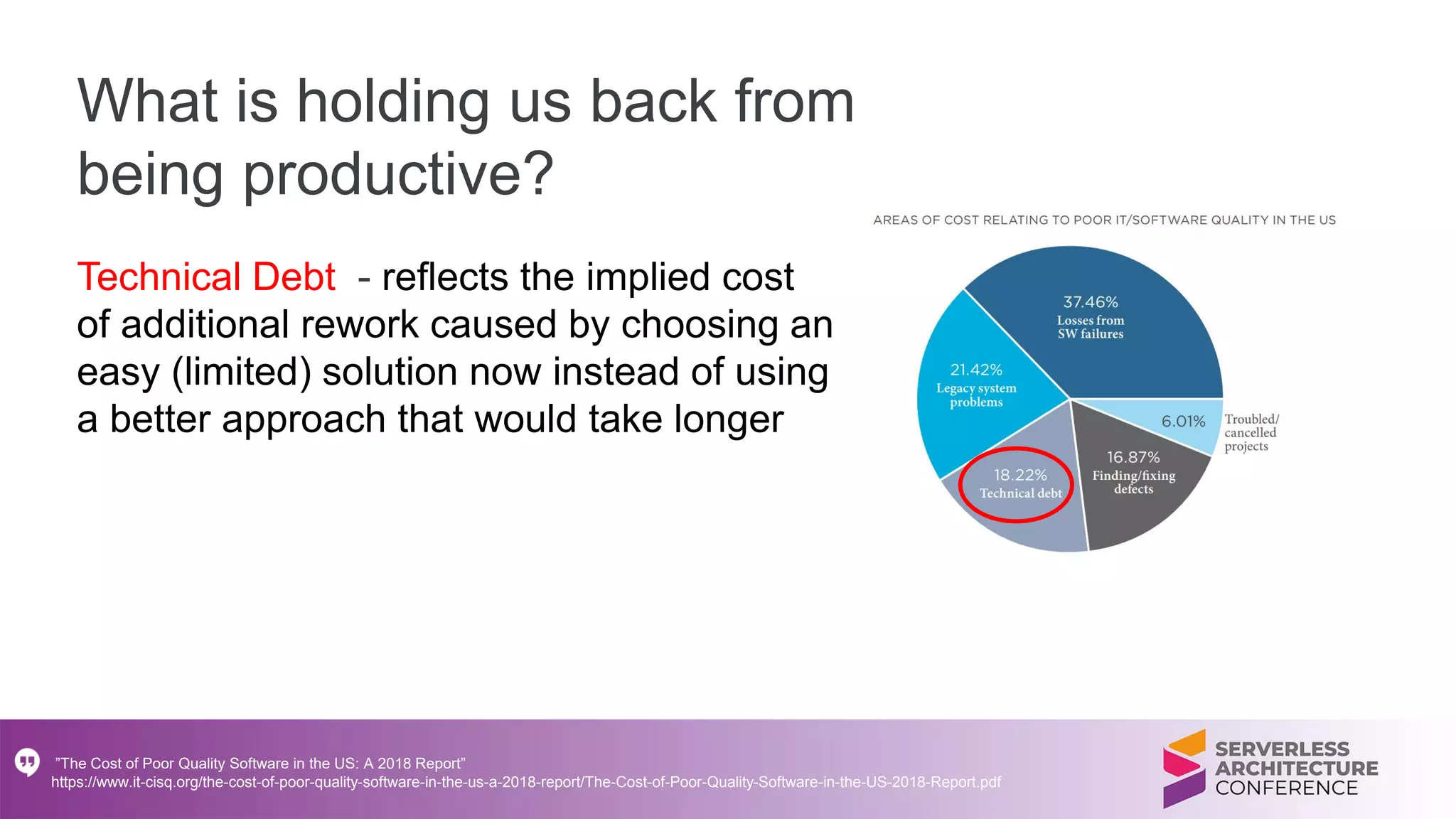 What is holding us back from
being productive?
Technical Debt - reflects the implied cost
of additional rework caused by choosing an
easy (limited) solution now instead of using
a better approach that would take longer
”The Cost of Poor Quality Software in the US: A 2018 Report”
https://www.it-cisq.org/the-cost-of-poor-quality-software-in-the-us-a-2018-report/The-Cost-of-Poor-Quality-Software-in-the-US-2018-Report.pdf
 
