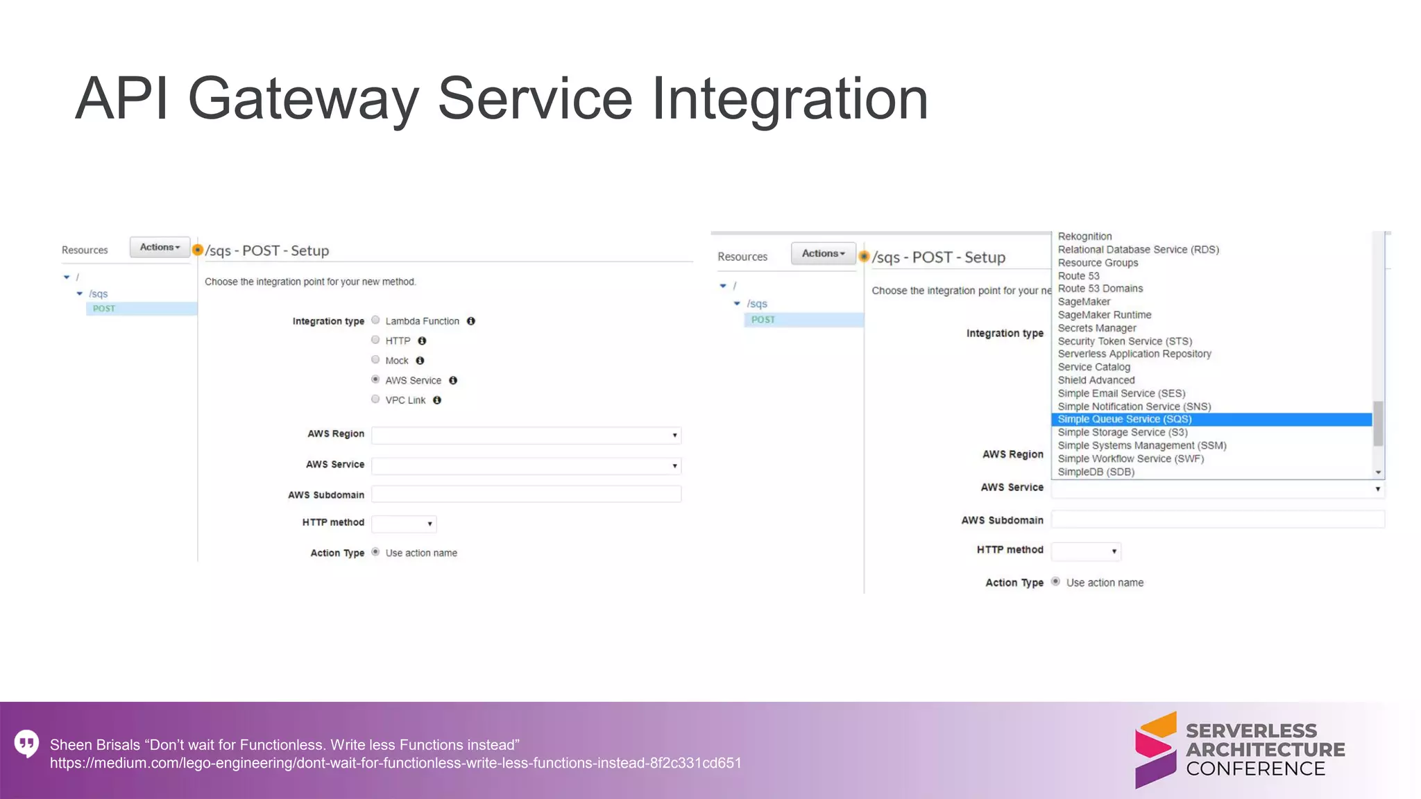 Sheen Brisals “Don’t wait for Functionless. Write less Functions instead”
https://medium.com/lego-engineering/dont-wait-for-functionless-write-less-functions-instead-8f2c331cd651
API Gateway Service Integration
 