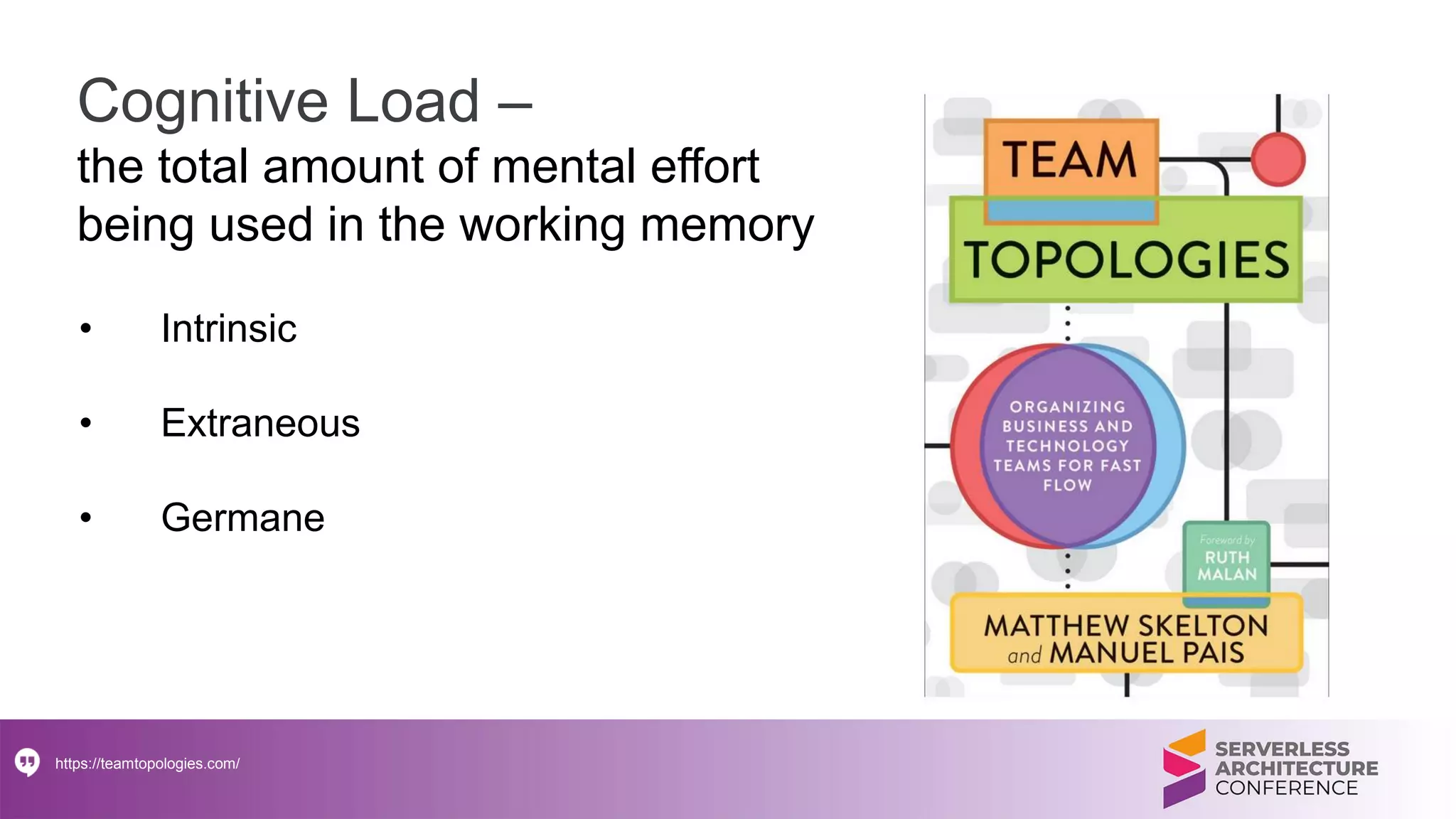 Cognitive Load –
the total amount of mental effort
being used in the working memory
• Intrinsic
• Extraneous
• Germane
https://teamtopologies.com/
 