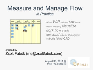 Measure and Manage Flow
                in Practice

                     kaizen WIP kaikaku flow value
                     stream mapping visualize
                     work flow cycle
                     time lead time throughput
                     TPS   build failed CFD



created by
Zsolt Fabók (me@zsoltfabok.com)
                     August 30, 2011 @
                      Prezi HQ, Budapest
 
