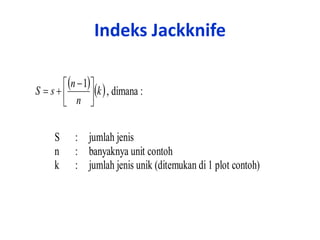 Indeks Jackknife
   k
n
n
sS 


 

1
, dimana :
S : jumlah jenis
n : banyaknya unit contoh
k : jumlah jenis unik (ditemukan di 1 plot contoh)
 