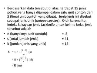 • Berdasarkan data tersebut di atas, terdapat 15 jenis
pohon yang hanya dijumpai dalam satu unit contoh dari
5 (lima) unit contoh yang dibuat. Jenis-jenis ini disebut
sebagai jenis unik (unique species). Oleh karena itu,
indeks kekayaan jenis Jackknife untuk kelima belas jenis
tersebut adalah
• n (banyaknya unit contoh) = 5
• s (total jumlah jenis) = 41
• k (jumlah jenis yang unik) = 15
S = s + {
n
n )1( 
}(k)
= 41 + {
5
)15( 
} (15)
= 53 jenis
 